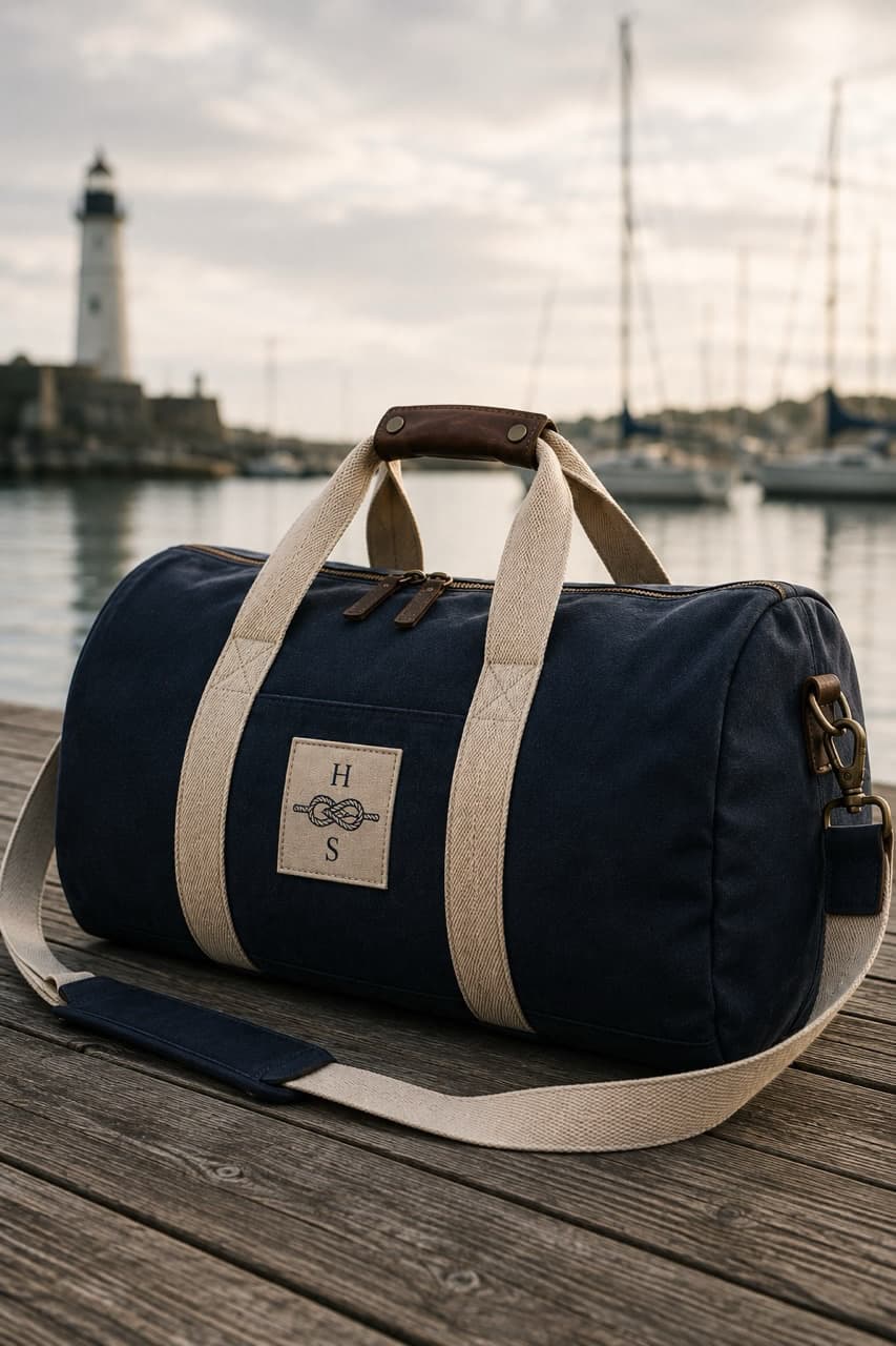 The Harbour Duffel, a navy canvas holdall with cream webbing straps and a knot patch, on a dock beside a lighthouse